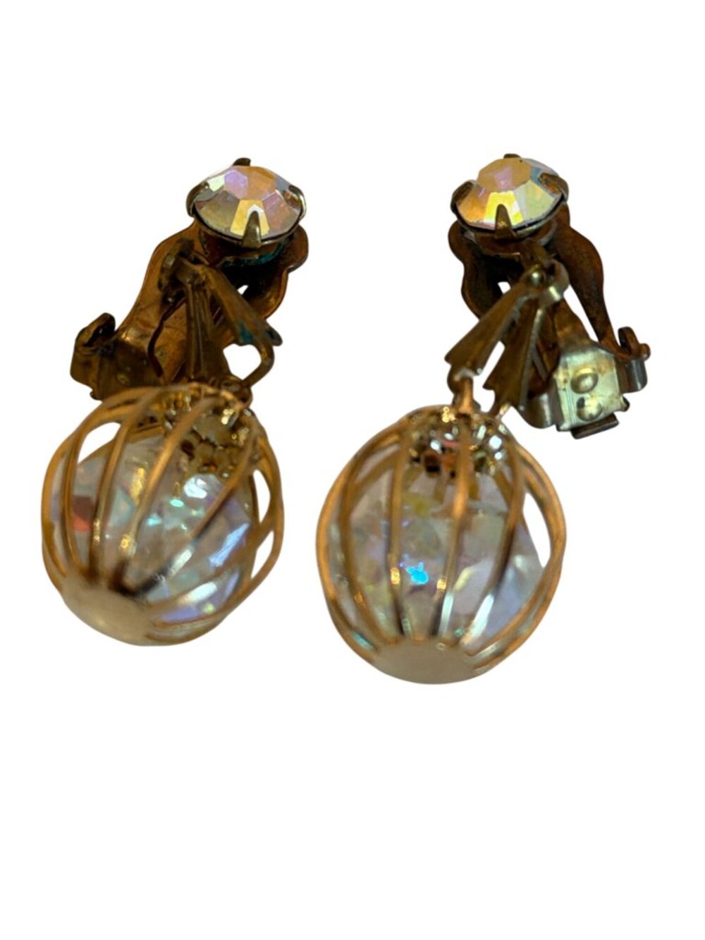 Vintage Gold-Tone Clip-On Earrings Iridescent Crystal Cage Aurora Borealis 50s